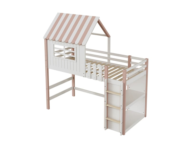  Lit mezzanine enfant 90x200cm en bois massif rose, lit cabane avec échelle de sécurité, sommier et étagères de rangement inclus  - Conforama D