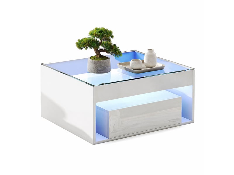  Table basse avec 2 tiroirs, niche ouverte et led, pour salon, 70 × 70 × 35 cm, en mdf et verre trempé, blanc  - Conforama A