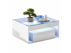 Table basse avec 2 tiroirs, niche ouverte et led, pour salon, 70 × 70 × 35 cm, en mdf et verre trempé, blanc