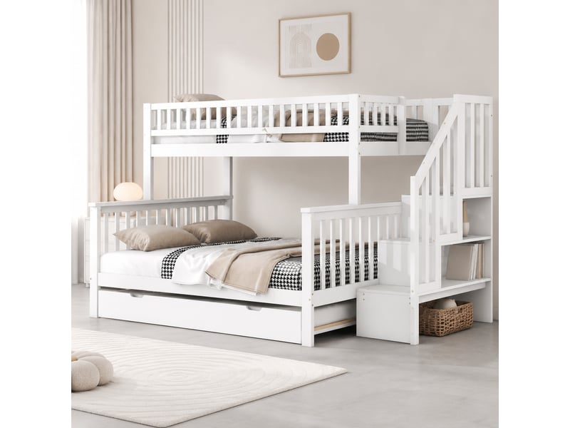 Lit superposé enfant 200×90 cm et 200×140 cm avec lit gigogne 190×90 cm, escalier de rangement, sans matelas, blanc - Conforama B