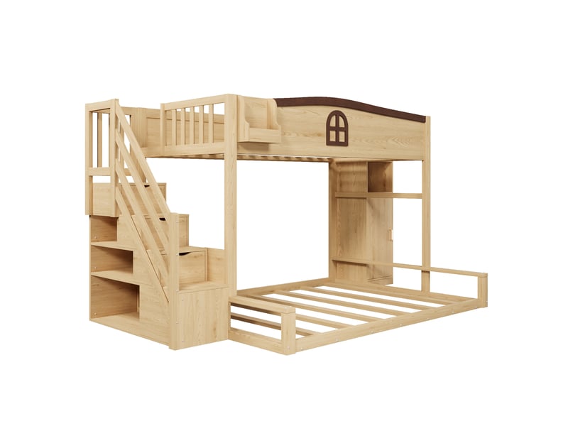 Lit superposé 3 places 90 x 200 et 140 x 200 cm avec escalier à rangements, armoire, niches et fenêtre décorative, pin et mdf - naturel OMNIGLINT TRADING LTD - Conforama E
