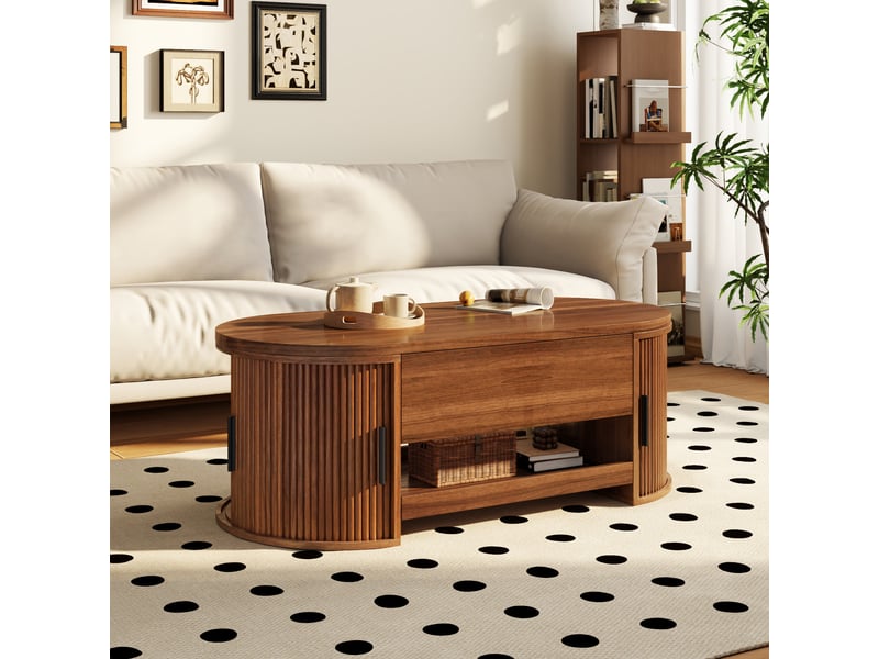  Table basse relevable avec rangement caché - structure rainurée, portes coulissantes latérales  - Conforama B