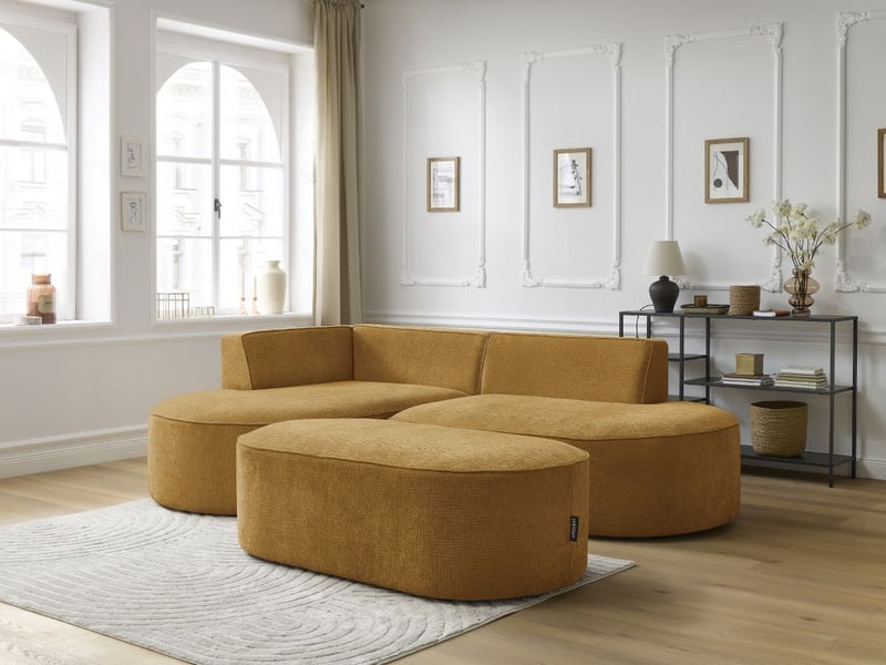 Bobochic canapé d'angle fixe rousseau tissu texturé avec pouf jaune angle gauche ROUSSEAU - Conforama C