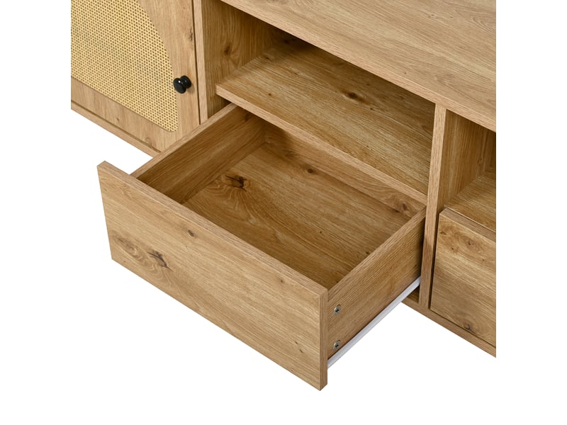  Meuble tv ovale effet bois et rotin – portes coulissantes, portes et tiroirs – pieds métal  - Conforama E
