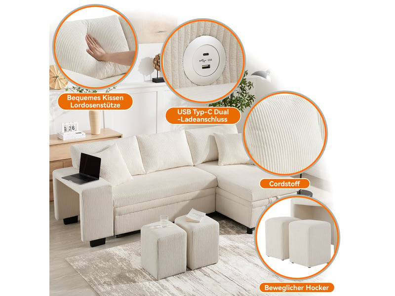  Canapé d'angle convertible 3 places 231 x 131,5 x 84 cm, couchage, rangement, usb et usb-c, velours côtelé beige OMNIGLINT TRADING LTD - Conforama D
