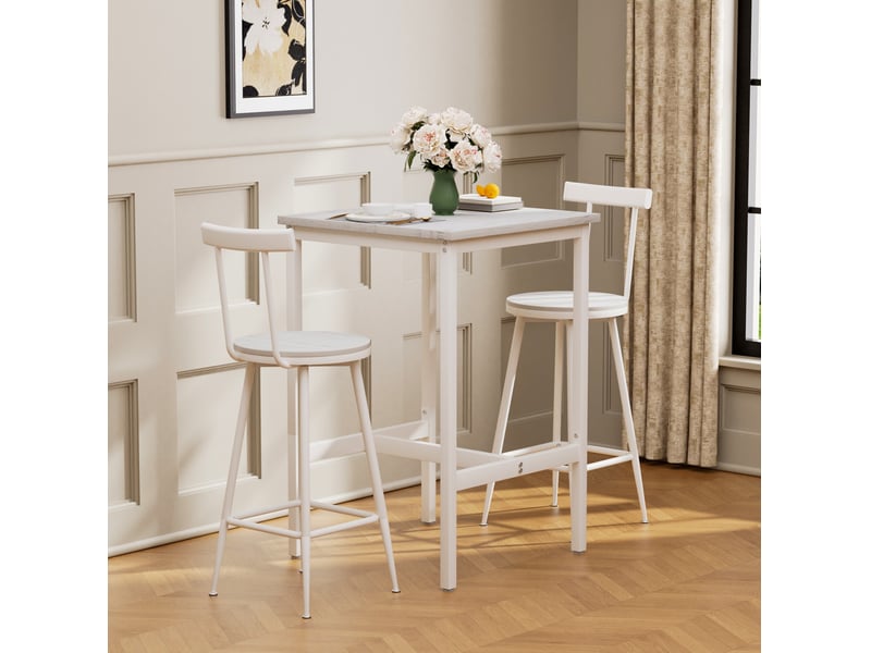  Ensemble table de bar 60x92 cm, 2 tabourets, style industriel, salle à manger et salon, meuble salon, aggloméré, blanc  - Conforama B