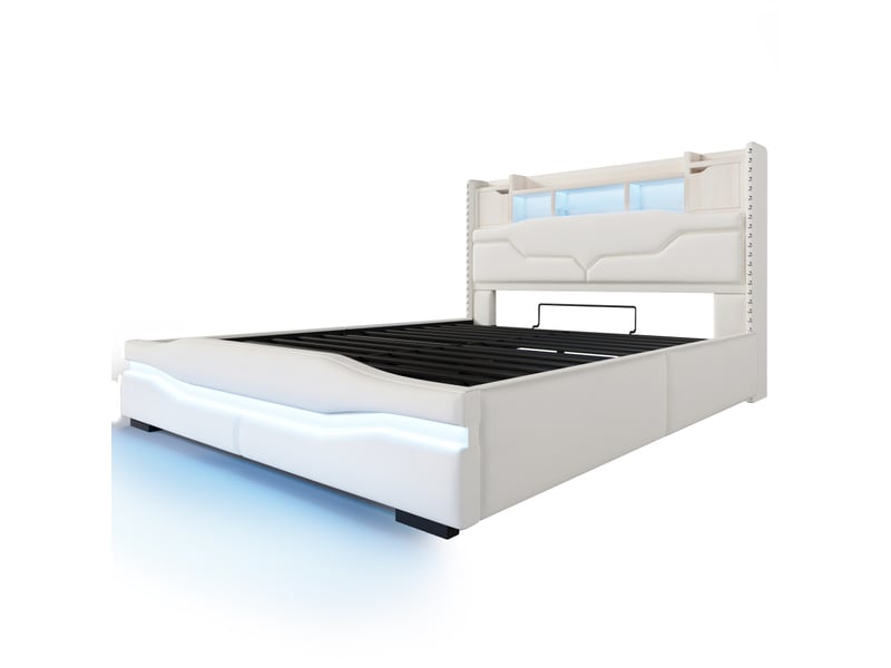  Lit rembourré, 160 x 200 cm, avec prise de chargement usb-c, éclairage d'ambiance sous le lit, tête de lit avec compartiment de rangement, lit coffre hydraulique, sans matelas, avec éclairage led, beige  - Conforama D