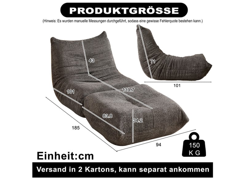  Fauteuil de sol et repose-pieds, chauffeuse ergonomique, mousse haute densité, salon, max 150kg, en chenille gris foncé  - Conforama E