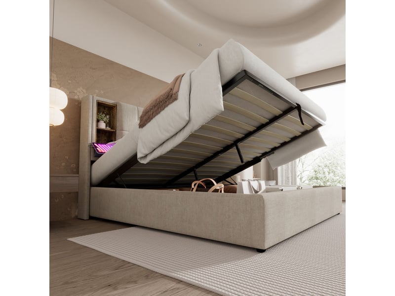 Lit coffre 160x200cm avec tête de lit multifonction - lit 2 places - recharge sans fil, usb-c, matelas inclus, lin naturel - Conforama D