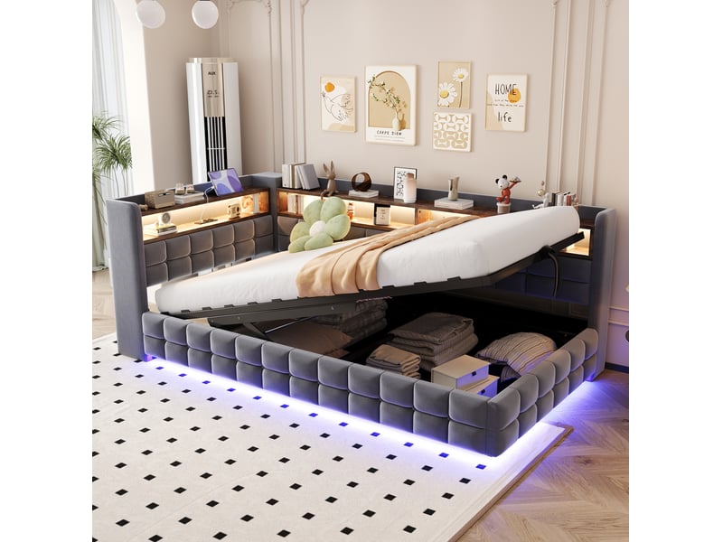  Lit coffre 90x200 cm, velours, prises et port usb et type c, coloris gris foncé, espace de stockage caché  - Conforama E