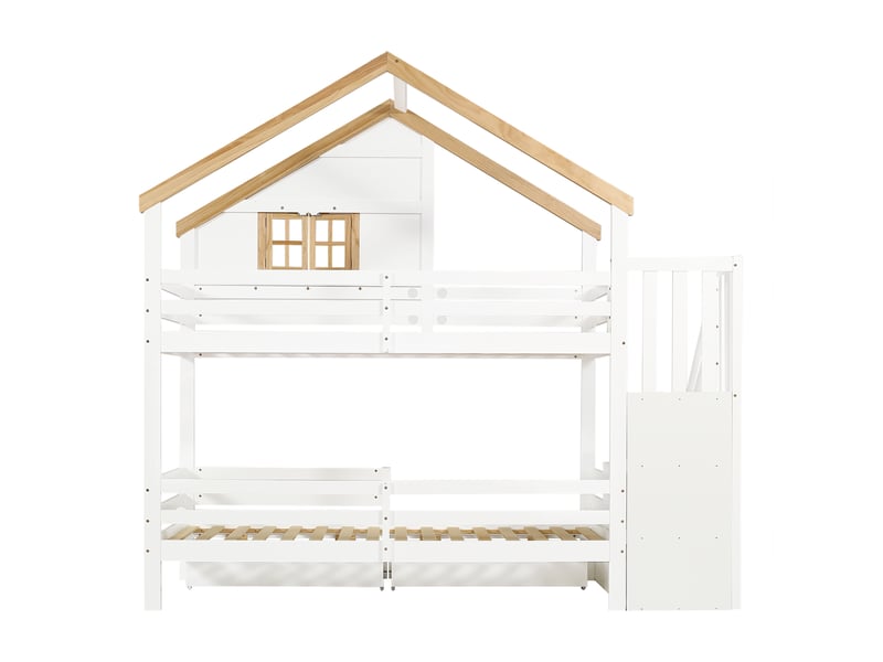 Lit superposé en bois (pin et mdf), escalier de rangement intégré, design astucieux avec fenêtre et espace de rangement sous le lit, blanc et naturel, 90 x 200 cm  - Conforama E