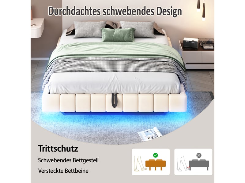  Lit coffre 180x200 cm - led multicolore - lit 2 personnes sans tête de lit - cadre flottant avec rangement hydraulique - beige  - Conforama D
