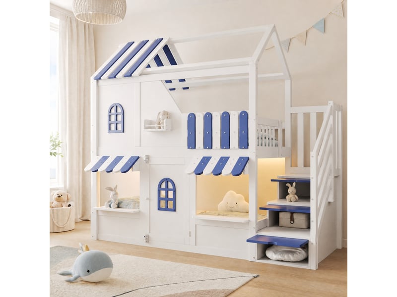  Lit superposé enfant 90x200 cm en forme de maison avec escalier de rangement, blanc et bleu  - Conforama C