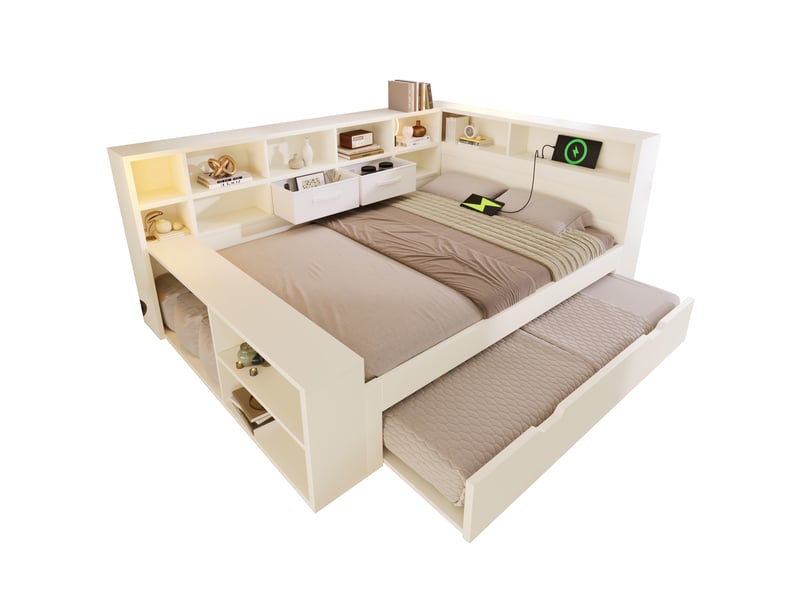  Lit gigogne 140x200 cm avec rangements et prises usb, blanc  - Conforama A