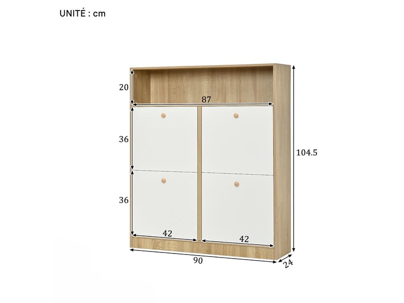  Meuble à chaussures 4 abattants et niches blanc et naturel 90x24x104.5 cm N657P374724N - Conforama C