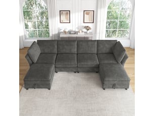 Canapé d’angle modulable U/L, gris, 6 places, chenille, pouf rangement, design nuage