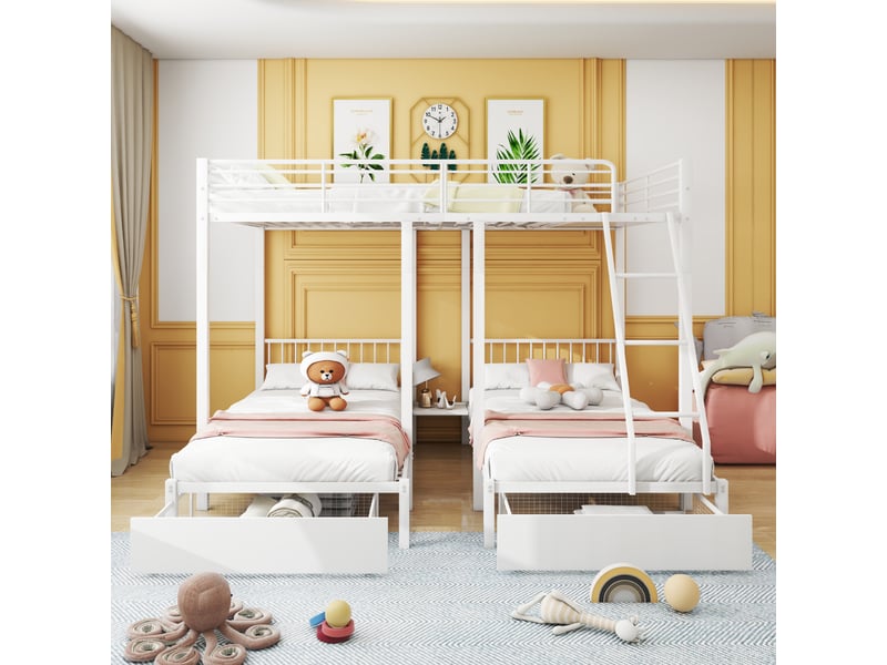  Lit superposé 90x200 cm et 140x200 cm avec rangement intégré et barrière de sécurité - cadre métallique robuste - blanc  - Conforama D
