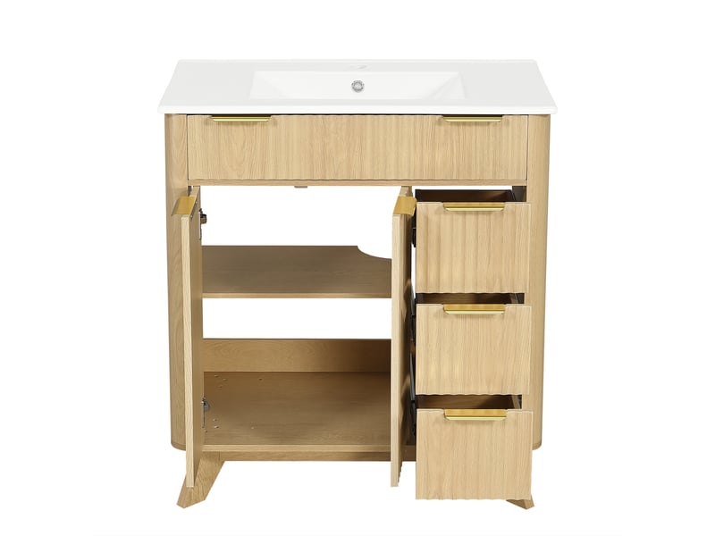  Meuble salle de bain 81 cm sur pied bois naturel avec vasque céramique, 3 tiroirs et portes effet vague  - Conforama A