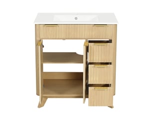 Meuble salle de bain 81 cm sur pied bois naturel avec vasque céramique, 3 tiroirs et portes effet vague