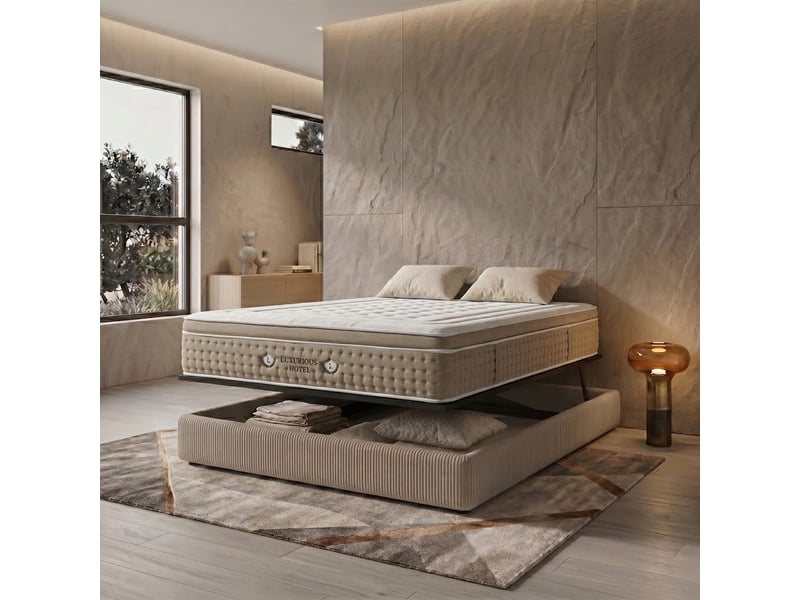  Ensemble lit coffre parallèle et matelas hôtelier ibiza 160x200 cm - velours côtelé gris clair PREMIUM - Conforama B