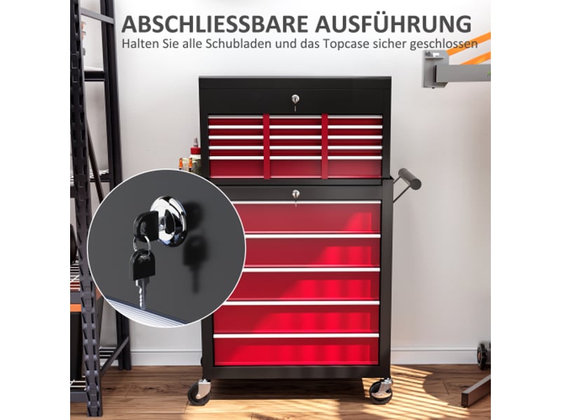 Chariot d'atelier rouge avec roulettes, 14 tiroirs verrouillables, panneau perforé latéral, tapis eva, servante mobile pour outils - Conforama B