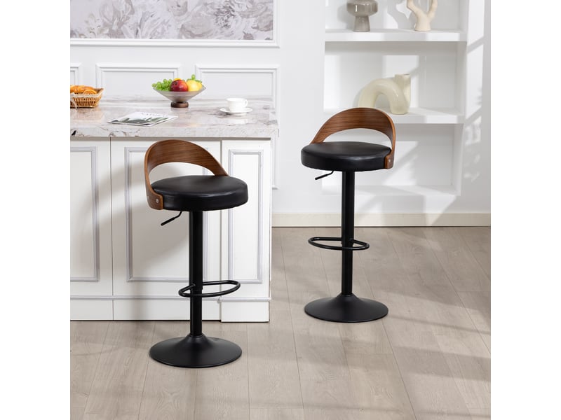  Lot de 2 tabourets de bar réglables - 42,5 x 42 x 77-98 cm - bois de noyer et siège pivotant à 360° en cuir pu - noir  - Conforama E