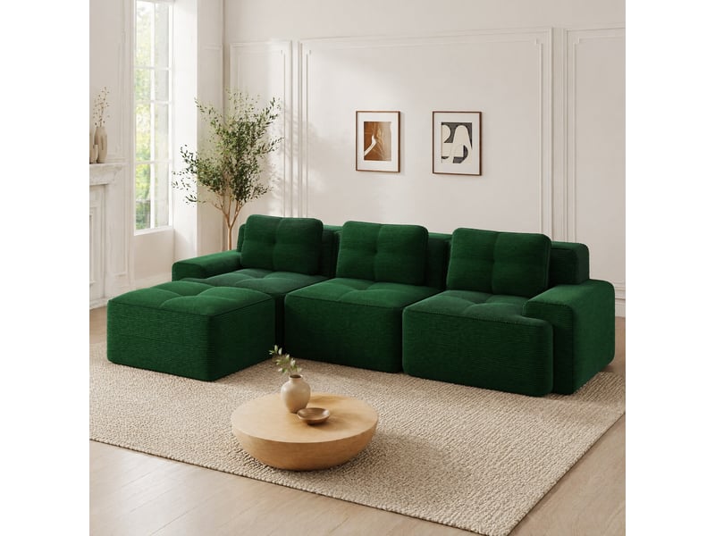  Canapé modulable d'angle 3 places avec ottoman en velours côtelé vert  - Conforama B