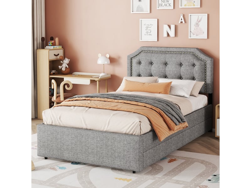  Lit jeune 90x200 cm avec tête réglable et 2 tiroirs, mdf, rose, sans matelas  - Conforama B