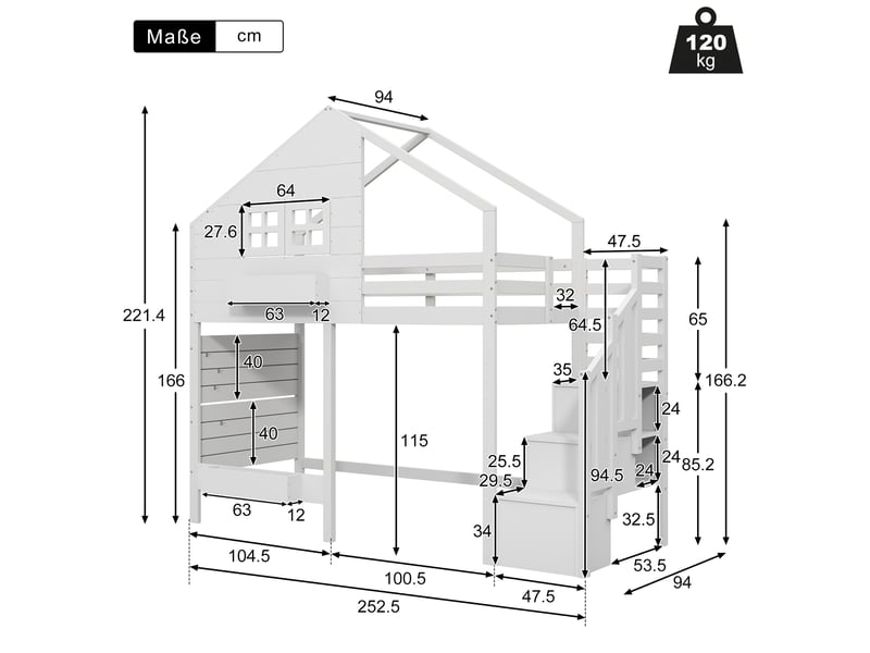  Lit superposé enfant 90 x 200 cm, escalier de rangement, garde-corps, fenêtre, bois massif, blanc evarich - Conforama C
