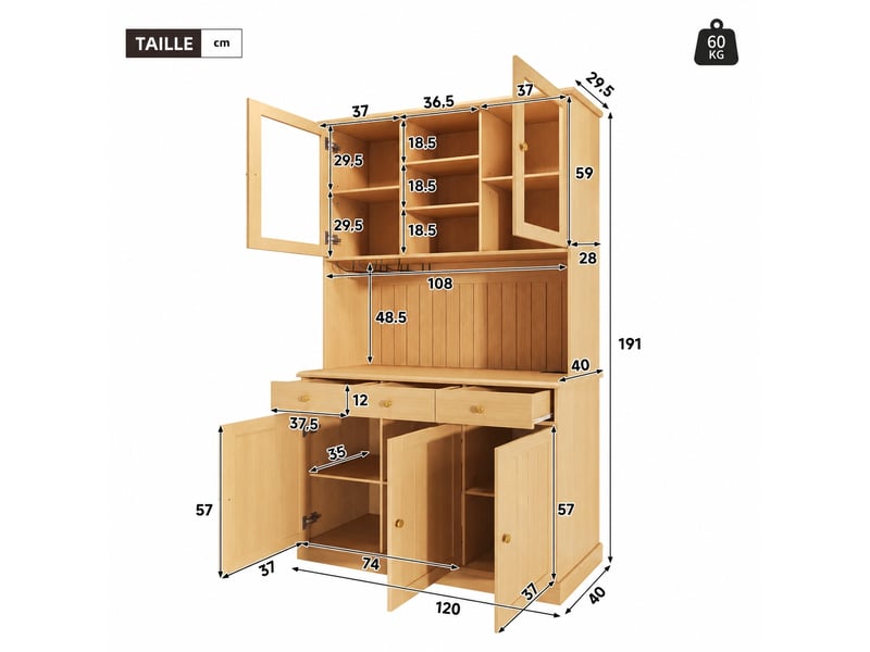  Meuble de cuisine muvano, buffet haut vitré de salle à manger, naturel, 120 × 40 × 191 cm  - Conforama W