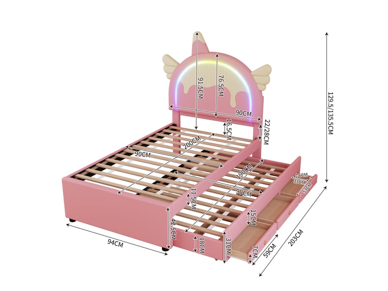  Lit enfant 90 x 200 cm en forme de licorne avec lit gigogne et tiroirs, rose  - Conforama E
