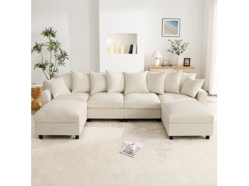 Canapé d'angle modulaire 6 places avec ports usb et usb-c, 2 poufs mobiles et 10 coussins flexibles - Conforama D