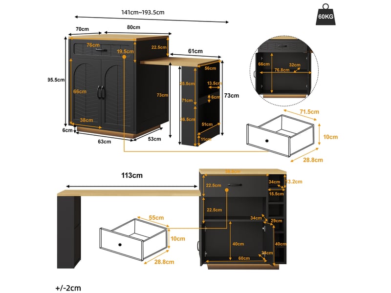  Îlot de cuisine avec led, 2 tiroirs, 4 portes, table extensible et rangement pour cuisine, salon et salle à manger  - Conforama C