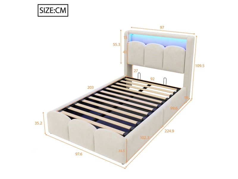 Lit coffre 90x200 cm enfant rembourré, rangement hydraulique, tête de lit avec led usb-c et rangement, velours beige motif pétales - Conforama C