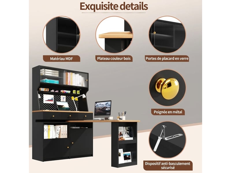  Armoire haute multifonction avec bureau et table de bar, led connecté et portes en verre, noir  - Conforama D