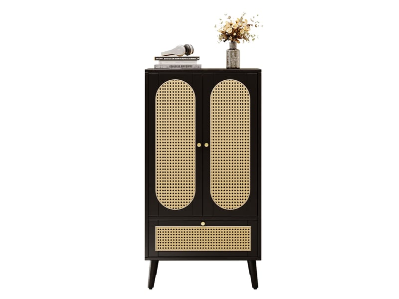  Buffet haut modenvie noir avec façades en rotin 60 x 40 x 110,5 cm, 2 portes et 1 tiroir  - Conforama A