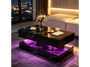 Table basse marbre noir –table basse rectangulaire  - éclairage led  – rangement double – 100×50×45 cm