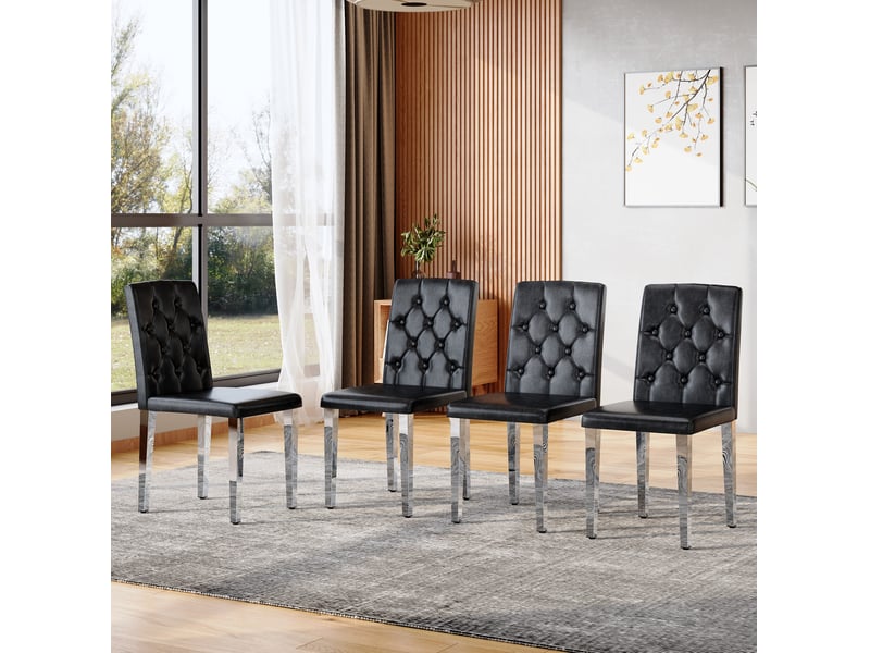  Lot de 4 chaises de salle à manger, chaise cuisine, dossier à motif losange, design contemporain, pu noir, métal argenté  - Conforama B