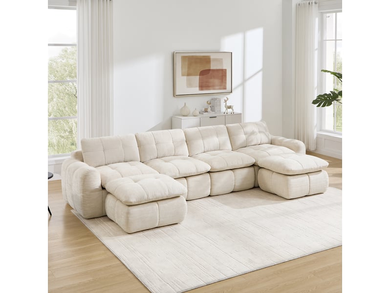  Canapé modulable en u 4 places avec 2 ottomans, en chenille beige  - Conforama B