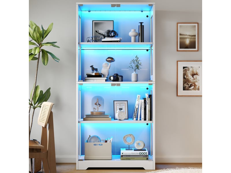 Vitrine led en verre trempé, 3 couleurs, capteurtactile, socle rond, parois acrylique, push-to-open, 80x35x160cm, blanc - Conforama D