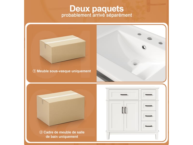 Meuble sous vasque avec 1 abattant, 4 tiroirs et 2 portes, vasque en céramique, pour salle de bain, 90×46×87 cm - Conforama E