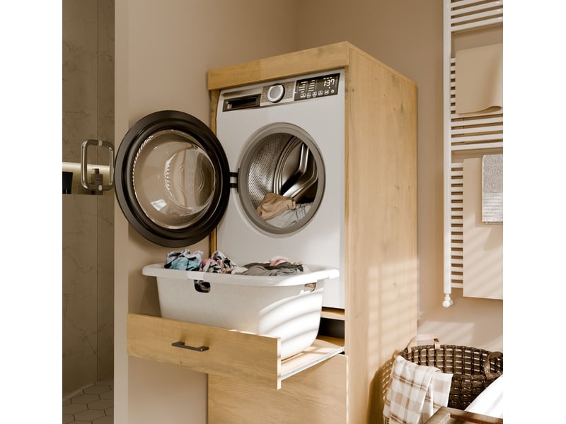  POLA 2S - Meuble de salle de bains pour lave-linge ou sèche-linge, 2 tiroirs - 64x162x64 cm - CHÊNE ARTISAN  - Conforama B