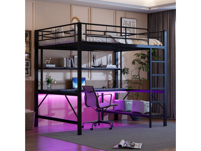  Lit mezzanine enfant 140 x 200 cm avec bureau et étagères, structure en métal et mdf noir  - Conforama D