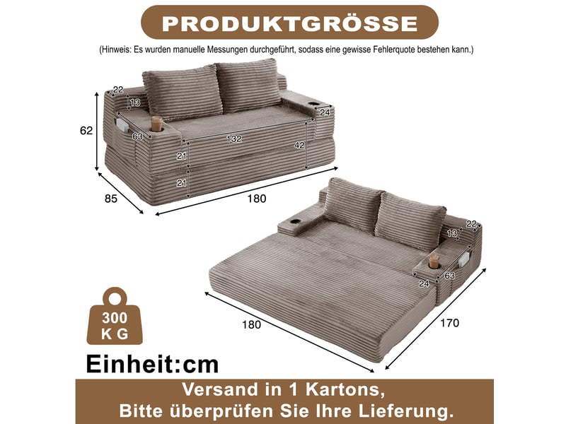  Canapé-lit convertible 2 places modenvie en velours côtelé marron avec porte-gobelets et poches de rangement 180 x 85 x 62 cm  - Conforama C