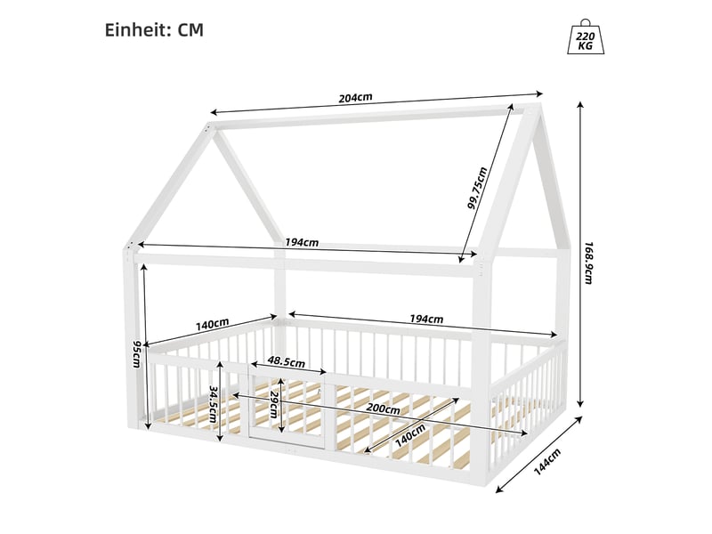  Lit cabane enfant 200×140 cm avec toit, barrières et portillon, sans matelas, en métal blanc  - Conforama D