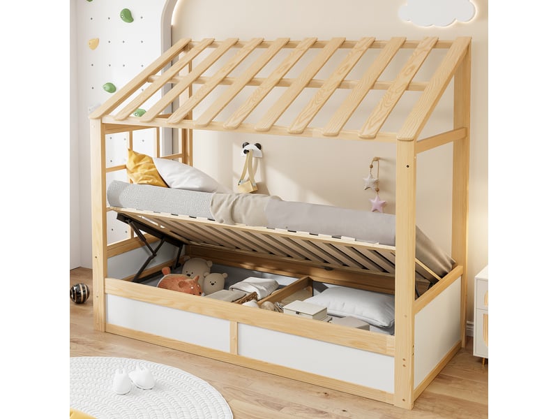 Lit coffre 90x200 cm coloris naturel bois massif  - Conforama B