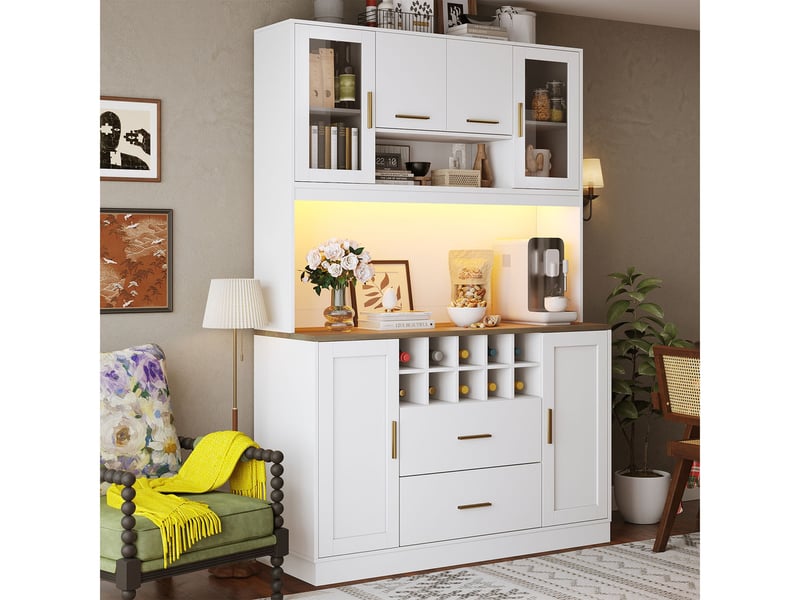 Buffet de cuisine 120x36x180 cm, 6 portes 2 tiroirs avec armoire à vin, led, blanc  - Conforama B