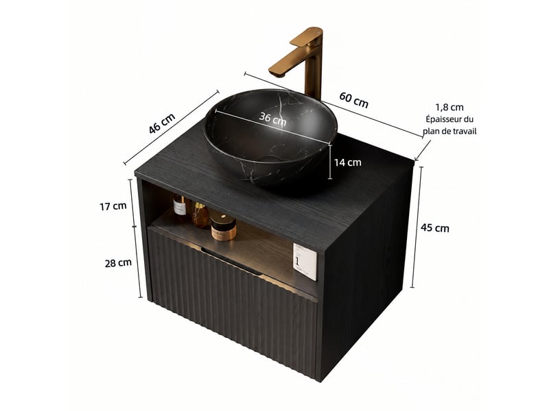  Meuble vasque suspendu 60 cm avec vasque noire en céramique, tiroir et étagère ouverte  - Conforama C