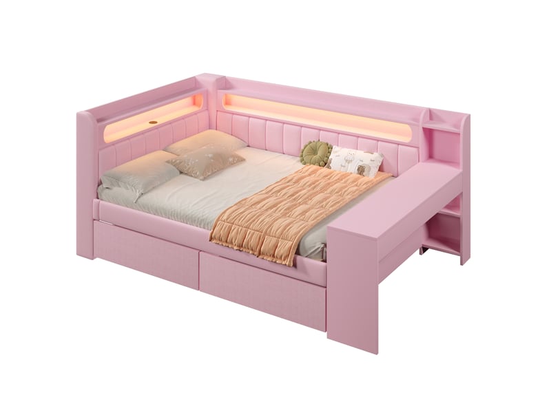 Lit combiné 140x200 cm rose avec bureau, led 7 couleurs, usb et 2 tiroirs - Conforama A