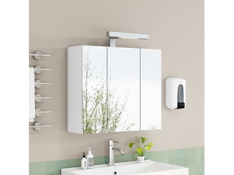  Armoire de salle de bains miroir 60 cm blanche à 3 portes avec led et prise française, rangement mural pratique  - Conforama B